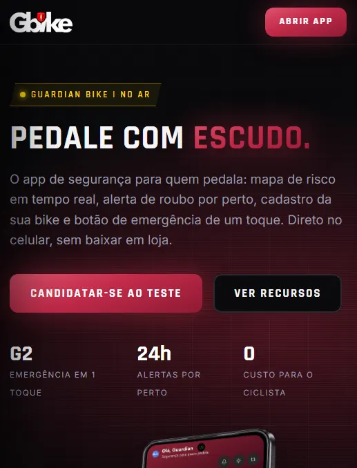 Landing page do app Guardian Bike